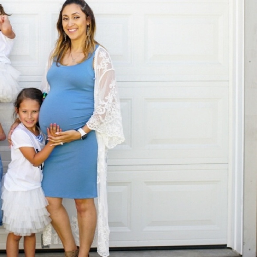 Blue strapless maternity dress